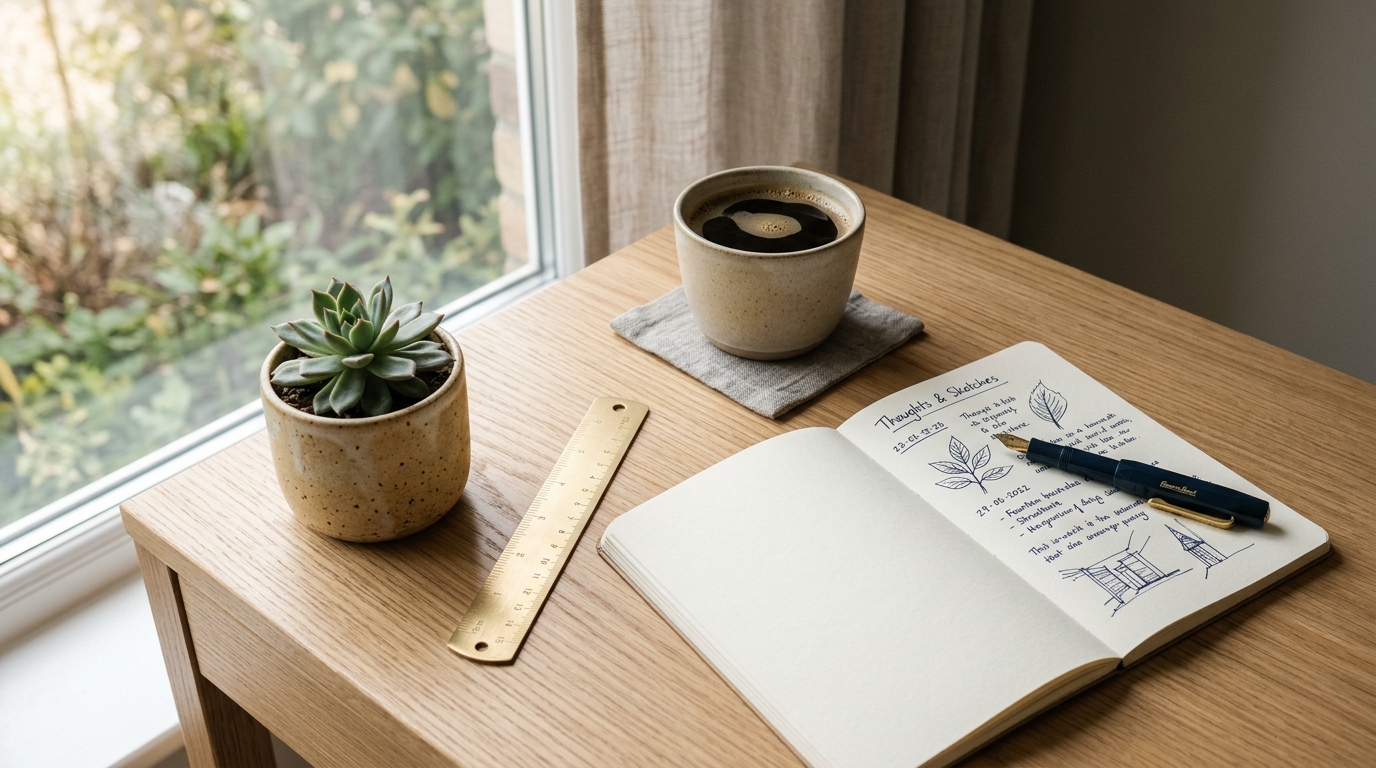 A serene workspace desk with notebook, fountain pen, and morning coffee